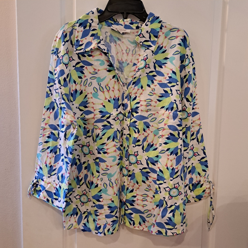 JM collection 100% Linen floral top shirt button down size 12 - Picture 3 of 15